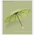 Green High Quality and Fashion Design Wooden Handle 3 Folding 10 Ribs Cool Umbrellas for Rainy and Sunny Days